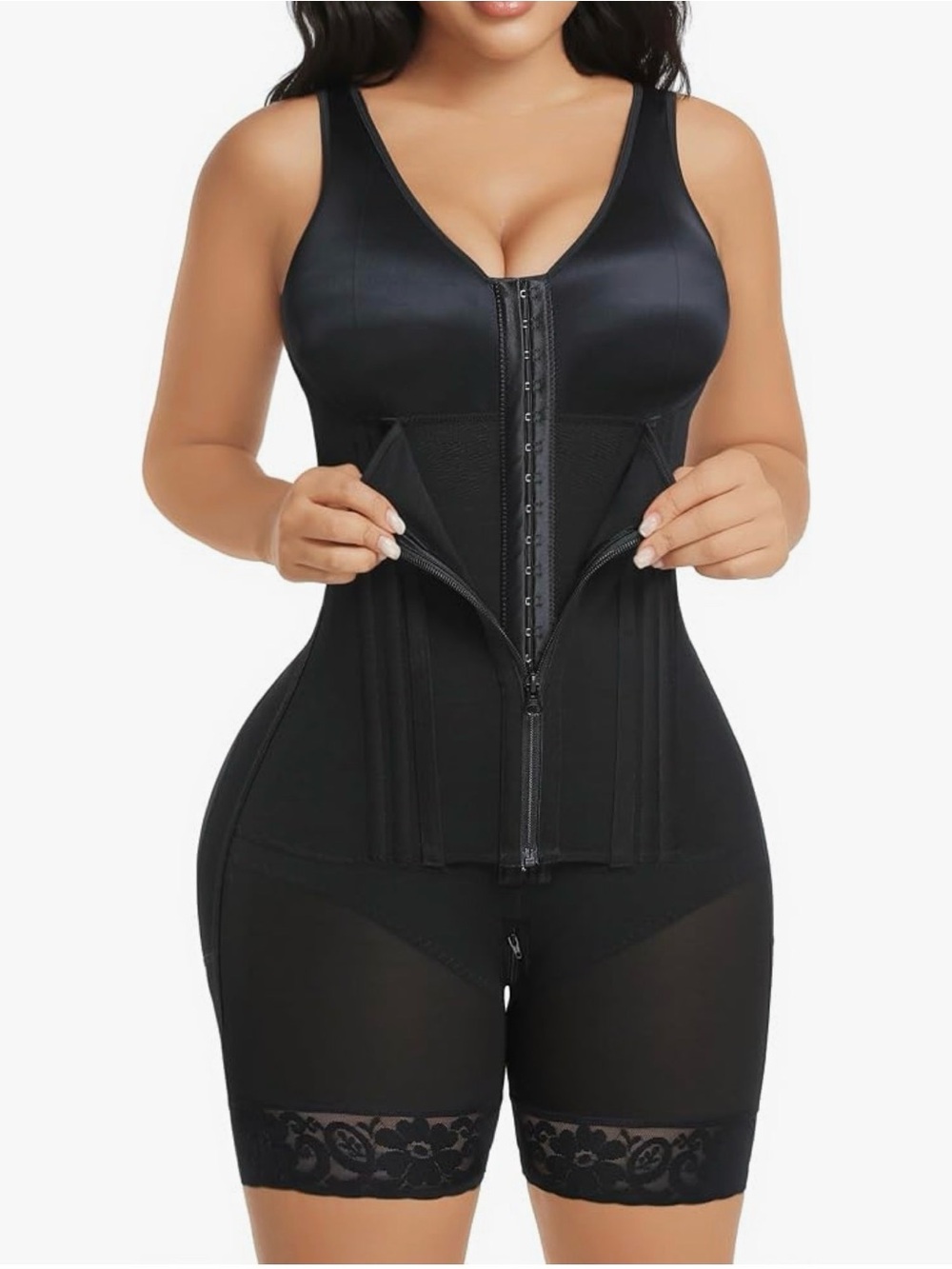 YIANNA Black Shapewear Bodysuit with Hook-and-Eye Panel Large